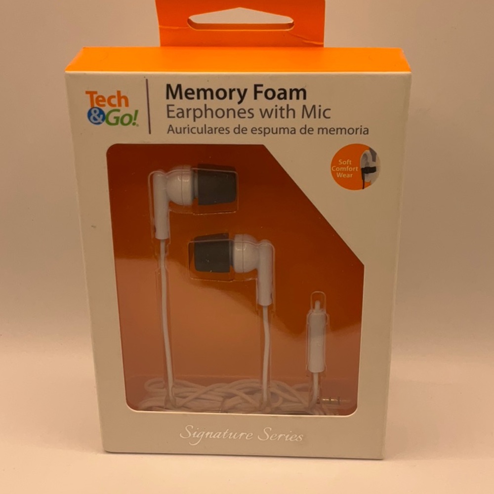 Memory Foam Earphones & Microphone, External Noise Blocking Tech & Go White